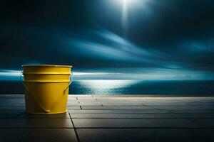 a yellow bucket sitting on a concrete floor with the ocean in the background. AI-Generated photo