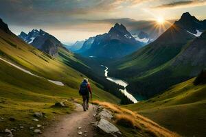 un hombre camina a lo largo un sendero en el montañas. generado por ai foto