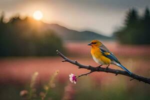 a bird sits on a branch in front of a sunset. AI-Generated photo