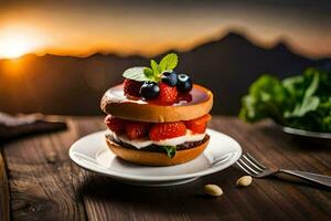 a burger with berries and cream on a plate. AI-Generated photo