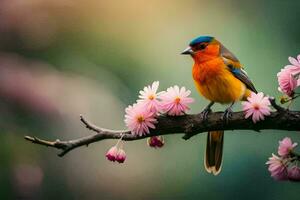 un vistoso pájaro se sienta en un rama con rosado flores generado por ai foto