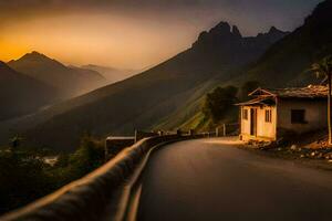 un casa en un montaña la carretera a puesta de sol. generado por ai foto