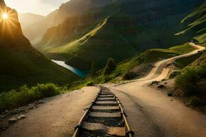 un tren pista líder a un montaña valle. generado por ai foto