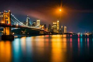 el ciudad horizonte a noche con el puente y agua. generado por ai foto