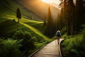 un hombre camina a lo largo un de madera camino en el montañas. generado por ai foto