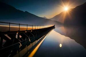 a pier in the mountains with the sun shining. AI-Generated photo