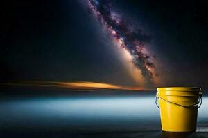 a yellow bucket sitting on the ground with the milky in the background. AI-Generated photo