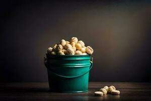 a bucket of peanuts on a dark table. AI-Generated photo