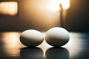 two white balls on a table in front of a window. AI-Generated photo