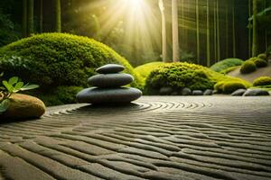 a zen garden with stones and trees. AI-Generated photo