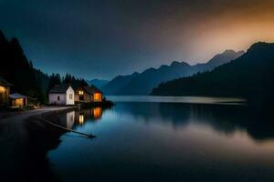 un lago y un casa a oscuridad. generado por ai foto
