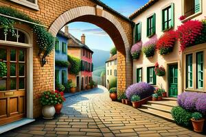 a street with flowers and plants in front of a house. AI-Generated photo