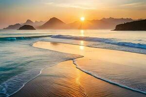 el Dom sube terminado el Oceano y montañas en esta hermosa foto. generado por ai foto