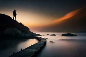 a man stands on a wooden pier looking out over the ocean. AI-Generated photo