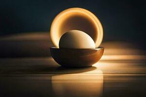 an egg in a wooden bowl with a light shining on it. AI-Generated photo