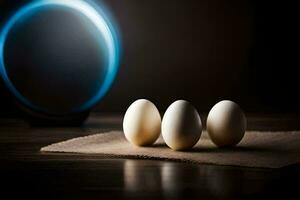 Tres huevos sentar en un mesa siguiente a un azul ligero. generado por ai foto