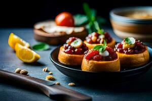 small appetizers on a plate with a knife and a bowl of nuts. AI-Generated photo
