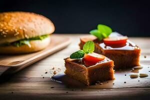 a hamburger and a piece of cake on a table. AI-Generated photo