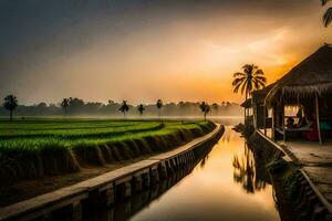 the sunrise over the rice fields. AI-Generated photo