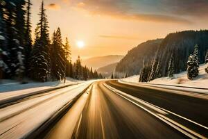 a snowy road in the mountains with the sun setting. AI-Generated photo