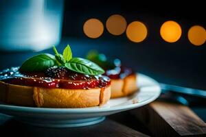 a plate with a slice of bread topped with jam and basil. AI-Generated photo