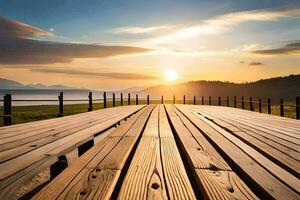 a wooden boardwalk leads to the sunset. AI-Generated photo