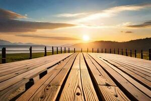 a wooden boardwalk leads to the sunset. AI-Generated photo