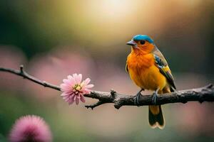 un vistoso pájaro se sienta en un rama con rosado flores generado por ai foto