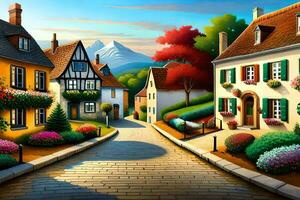 a painting of a street with houses and flowers. AI-Generated photo