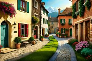 a street with colorful houses and flowers. AI-Generated photo