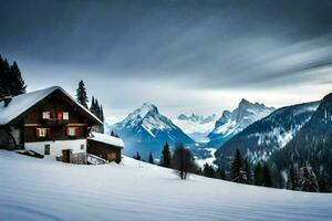 a house in the snow with mountains in the background. AI-Generated photo