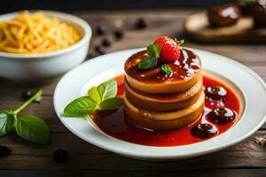 a stack of pancakes with sauce and berries. AI-Generated photo