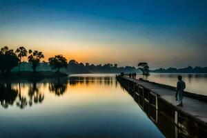 a man standing on a dock at sunrise with the sun setting behind him. AI-Generated photo