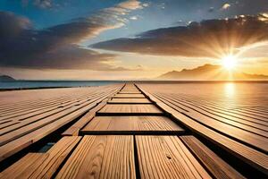 a wooden pier with the sun setting over the ocean. AI-Generated photo