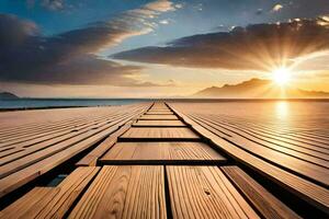 a wooden pier with the sun setting over the ocean. AI-Generated photo