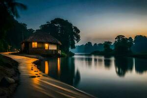 a small hut sits on the shore of a river at dusk. AI-Generated photo