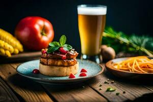 a plate of food with a beer and vegetables. AI-Generated photo