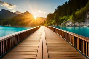 a wooden bridge over a lake with mountains in the background. AI-Generated photo