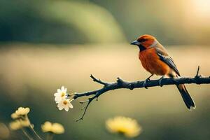 a red bird sits on a branch with flowers. AI-Generated photo