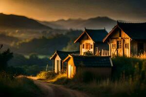 photo wallpaper the sky, mountains, houses, road, sunset, road, road, road,. AI-Generated