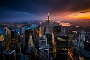 el ciudad horizonte a puesta de sol en nuevo york generado por ai foto