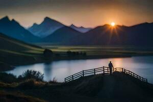 a man stands on a wooden fence overlooking a lake and mountains. AI-Generated photo