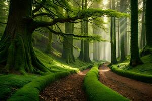 a path through a green forest with trees and grass. AI-Generated photo