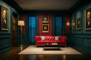 a red couch sits in a room with blue walls and green trim. AI-Generated photo