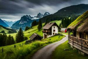 photo wallpaper mountains, the sky, clouds, road, house, road, house, road,. AI-Generated