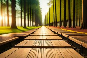 a long wooden path in the middle of a forest. AI-Generated photo