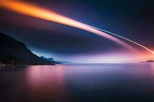 un largo exposición fotografía de un cohete volador terminado el océano. generado por ai foto