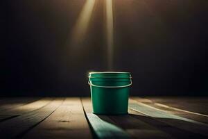 a green bucket sitting on a wooden floor. AI-Generated photo