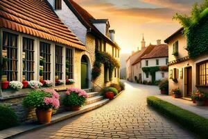 a street with flowers and houses in the sunset. AI-Generated photo