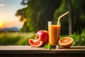 un vaso de naranja jugo con un manzana y un rebanada de naranja. generado por ai foto